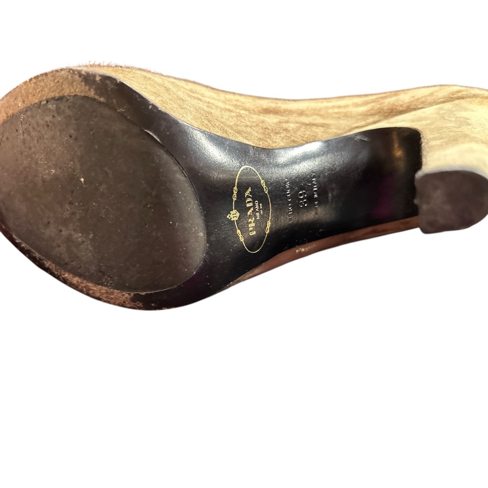 Prada Calf Hair Peep Toe Heels Taupe Gold Trim Platform Stiletto‎ Size 39 - Picture 12 of 16